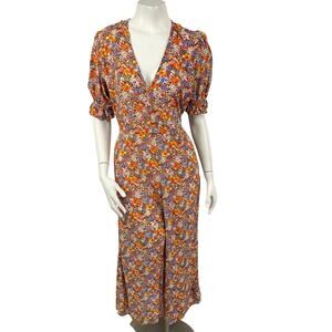 Faithfull The Brand Floral Wide Leg Jumpsuit Puff Sleeves Tie Back Size 6